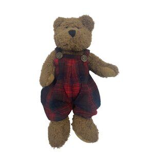 Vintage 1985 Boyds Teddy Bear In Red Plaid Overalls With Brass Button Accents